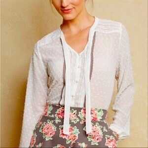 Matilda Jane Ranae Cream Sheer Bow Tie Swiss Dot Blouse Women's Size XS